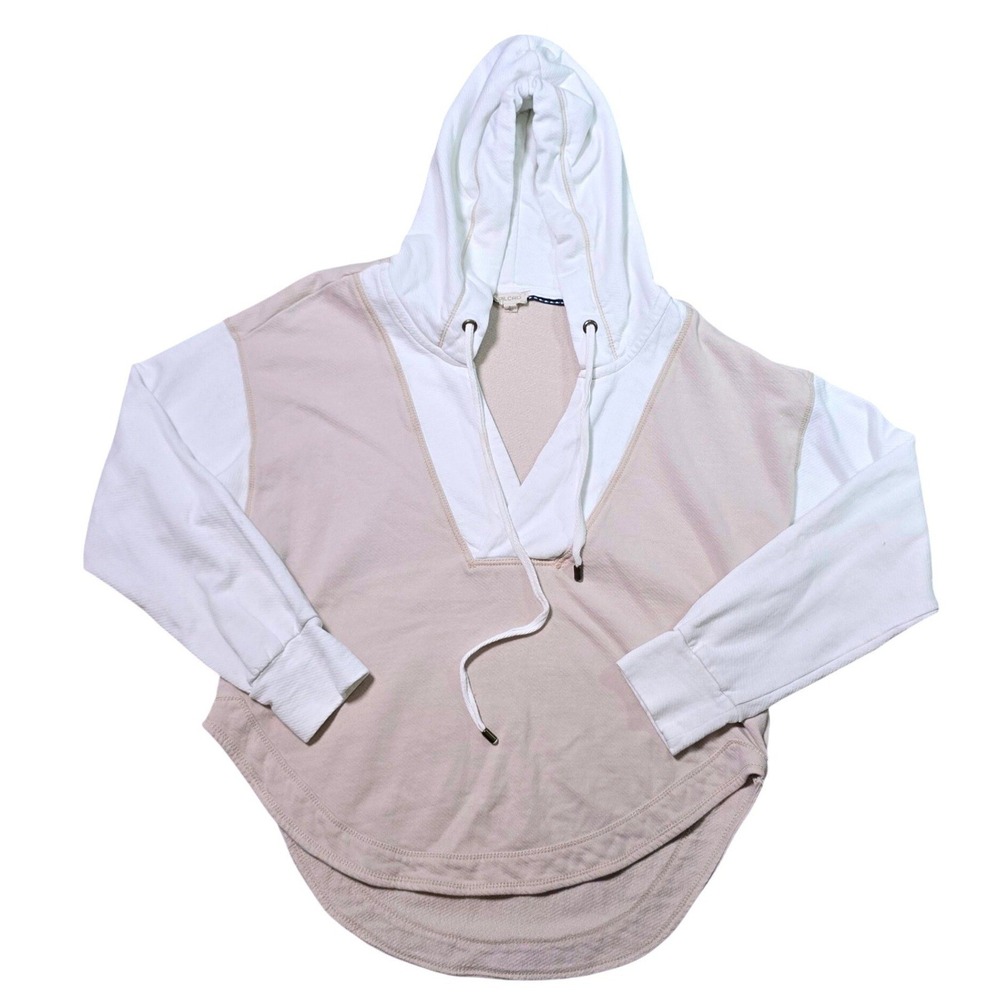 PILCRO Women's Long Sleeve V Neck Pullover Hoodie Beige White Size S